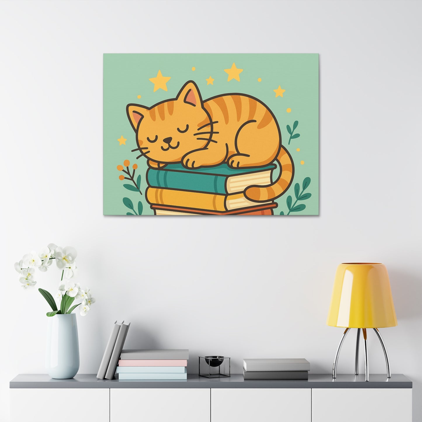 Sleepy Cat on Books Canvas Print - Cozy Cat Wall Art