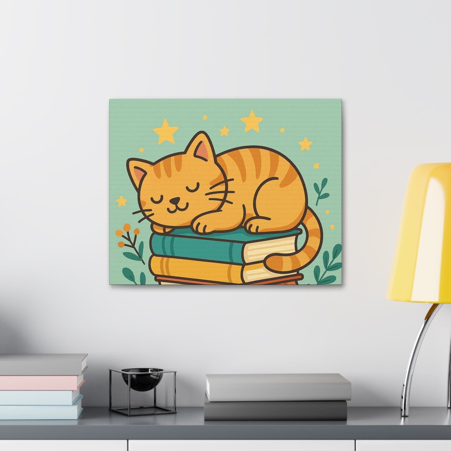 Sleepy Cat on Books Canvas Print - Cozy Cat Wall Art