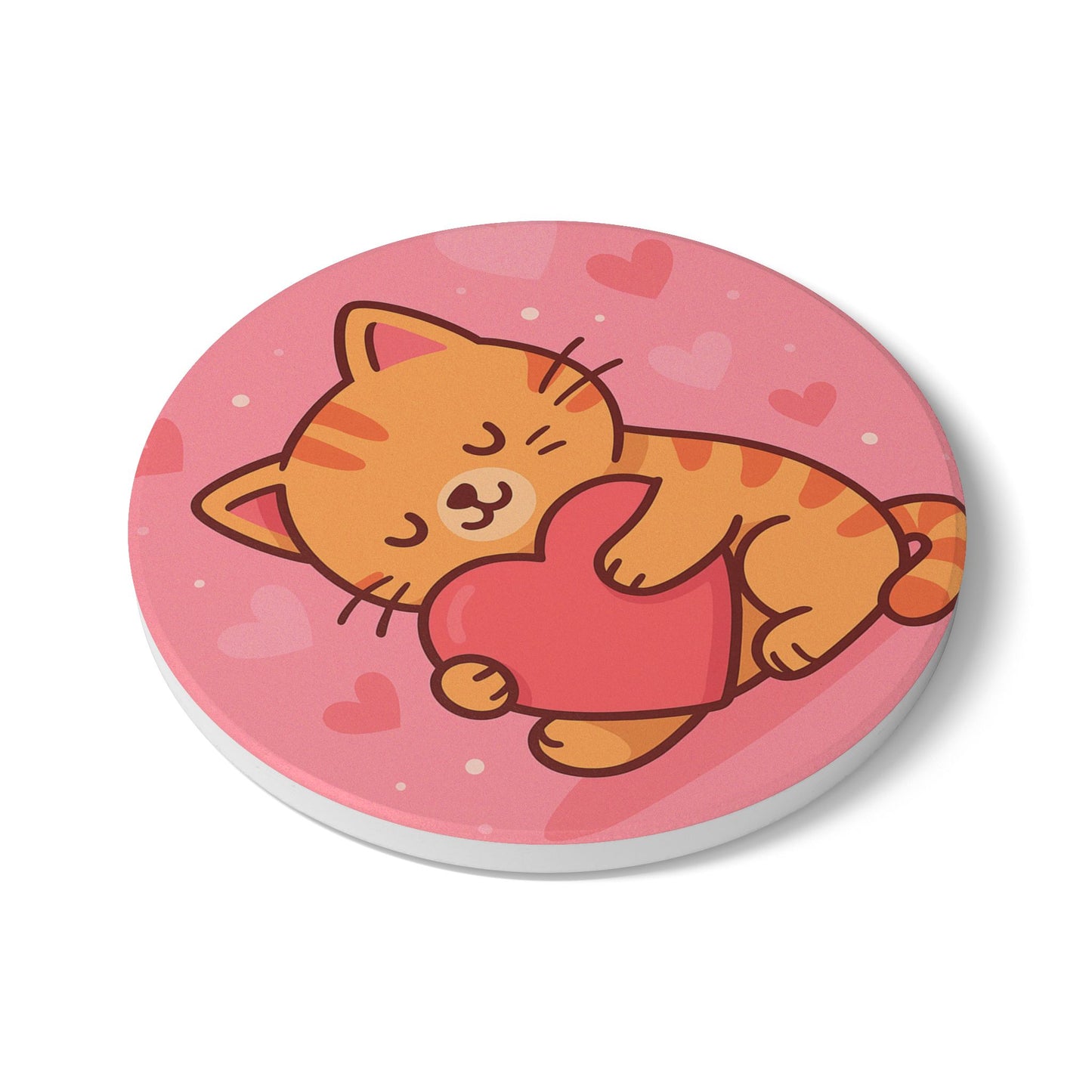 Cute Cat Love Ceramic Coaster - Heart Hugging Kitty Drink Mat