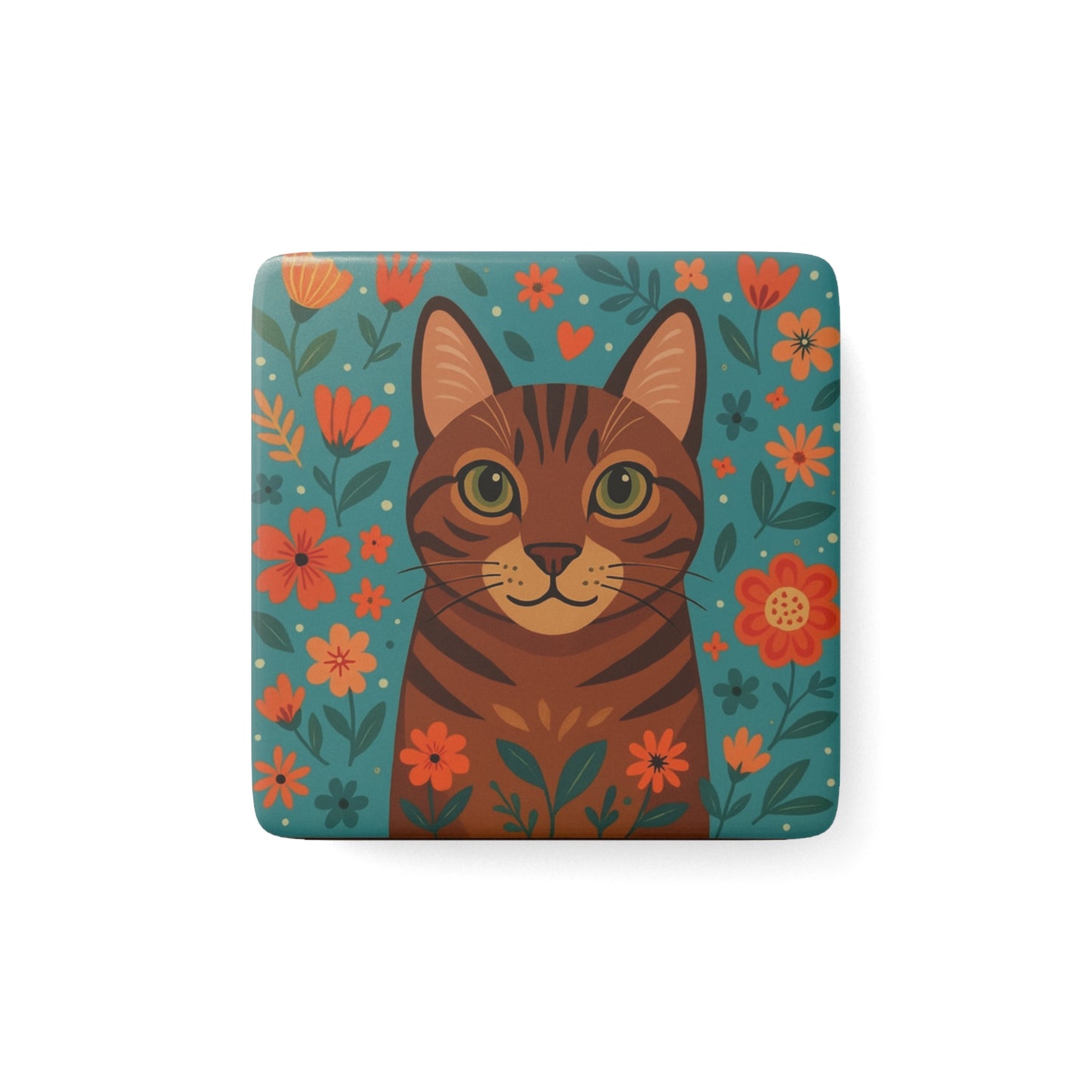 Whimsical Cat Porcelain Magnet, Floral Decor, Cute Kitchen Accessory, Cat Lover Gift, Refrigerator Magnet, Animal Decor