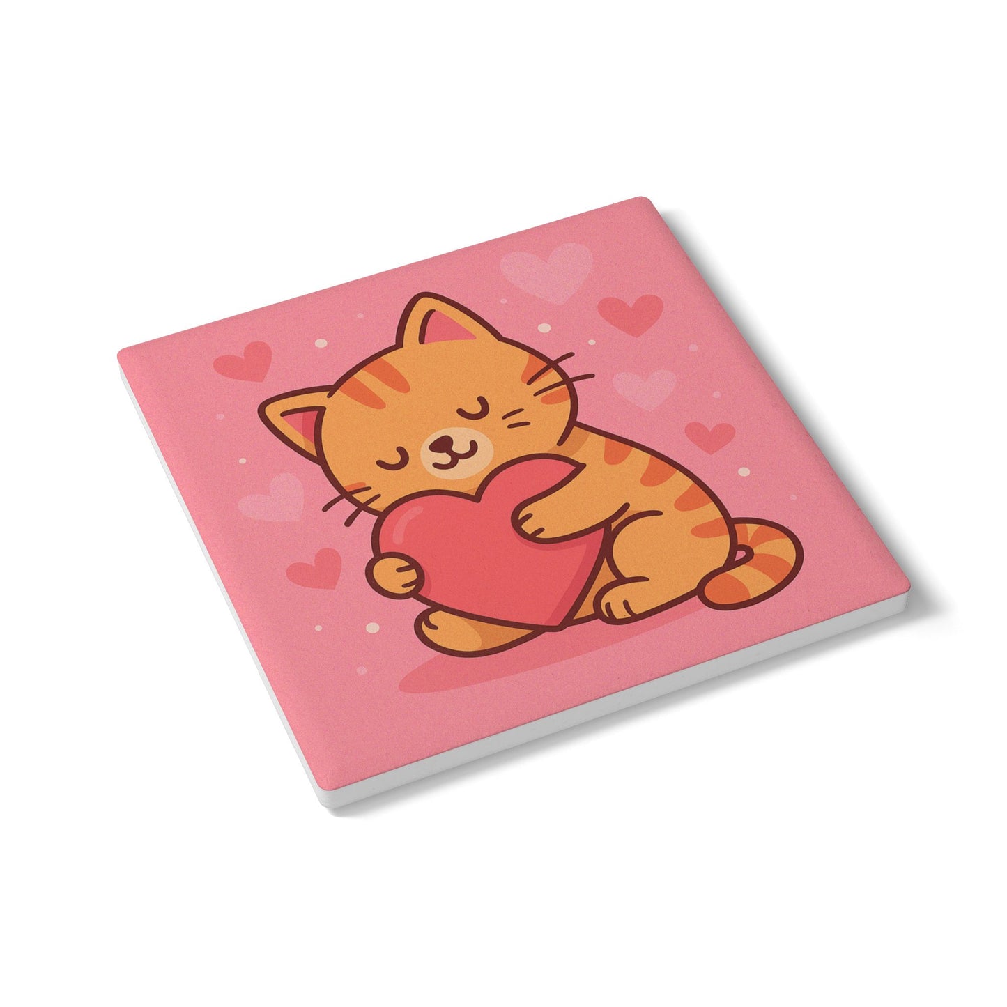 Cute Cat Love Ceramic Coaster - Heart Hugging Kitty Drink Mat