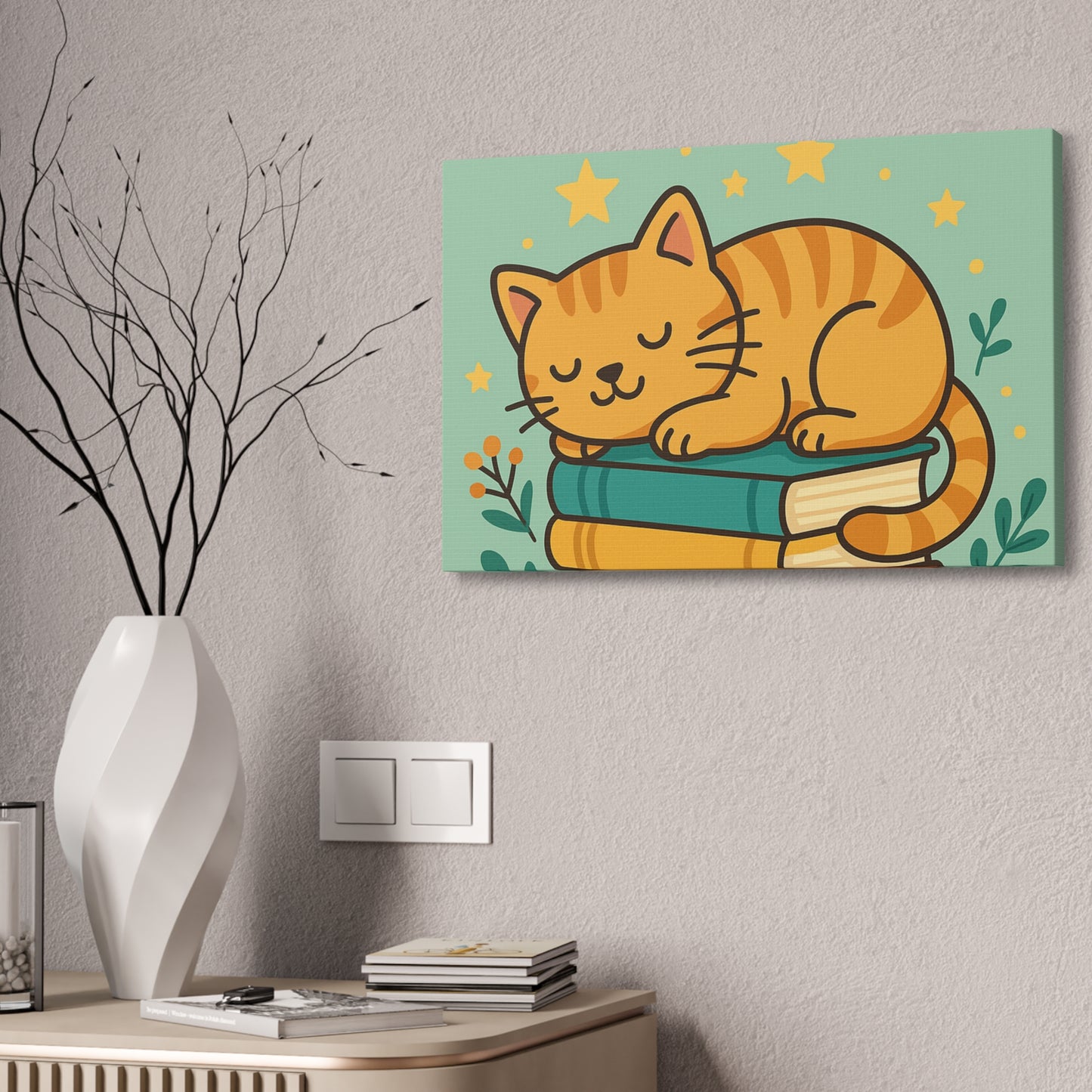 Sleepy Cat on Books Canvas Print - Cozy Cat Wall Art