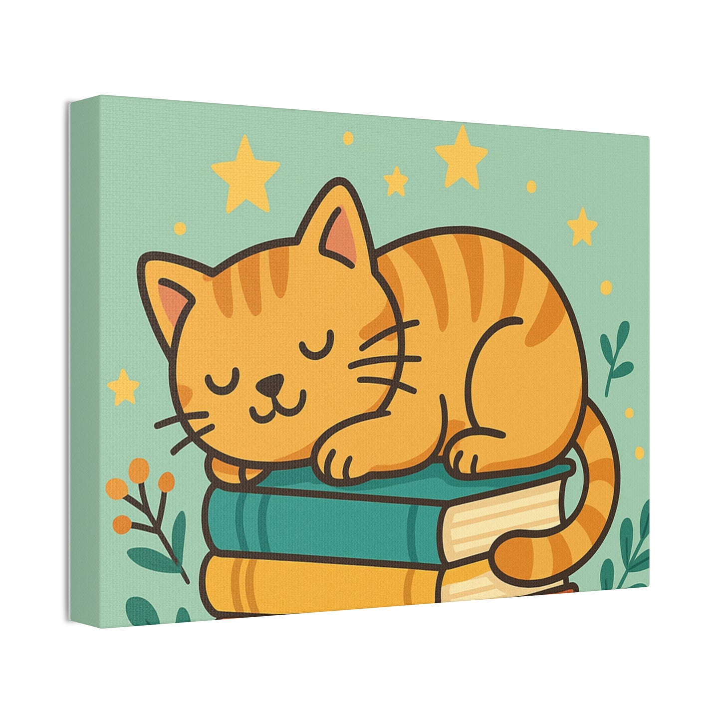 Sleepy Cat on Books Canvas Print - Cozy Cat Wall Art