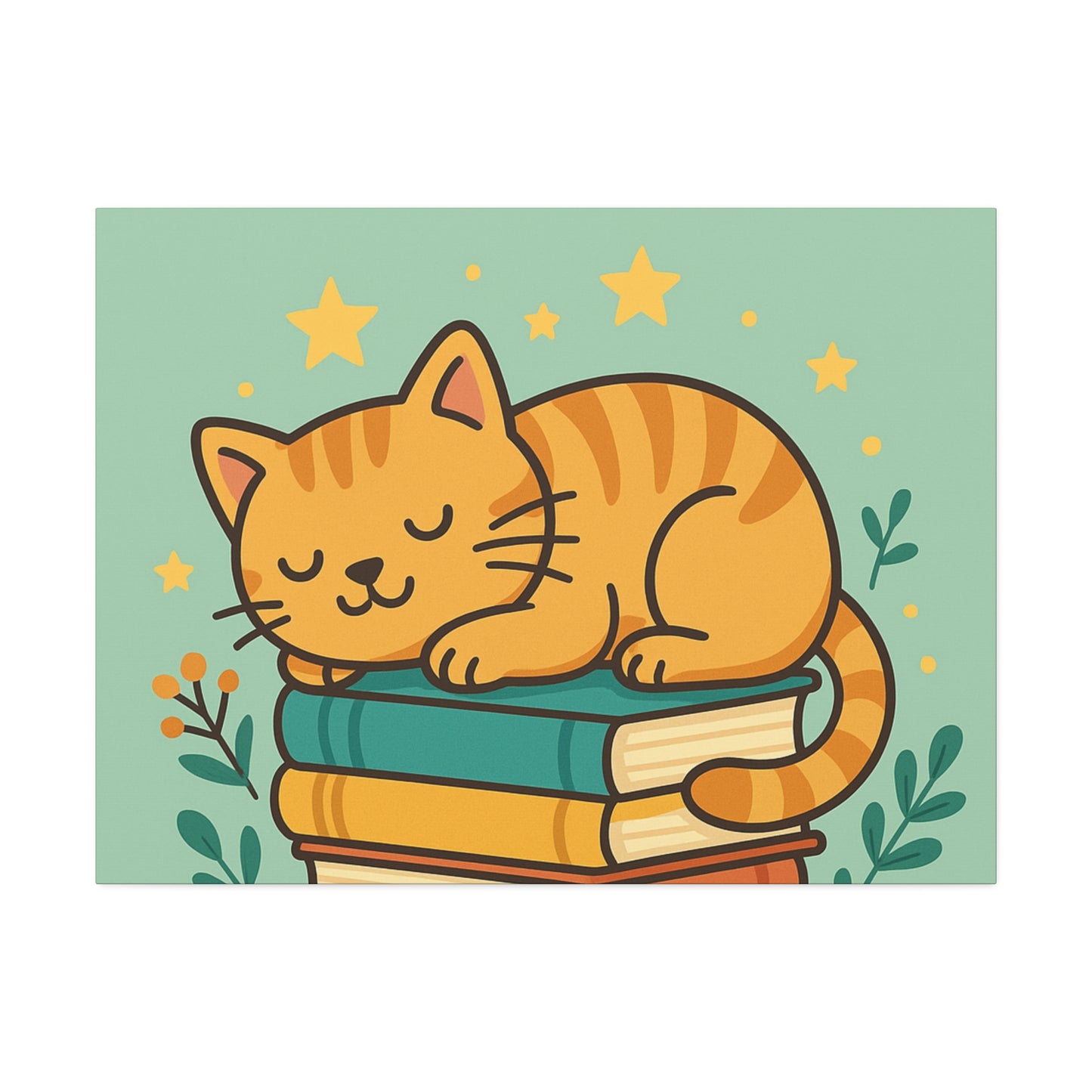 Sleepy Cat on Books Canvas Print - Cozy Cat Wall Art