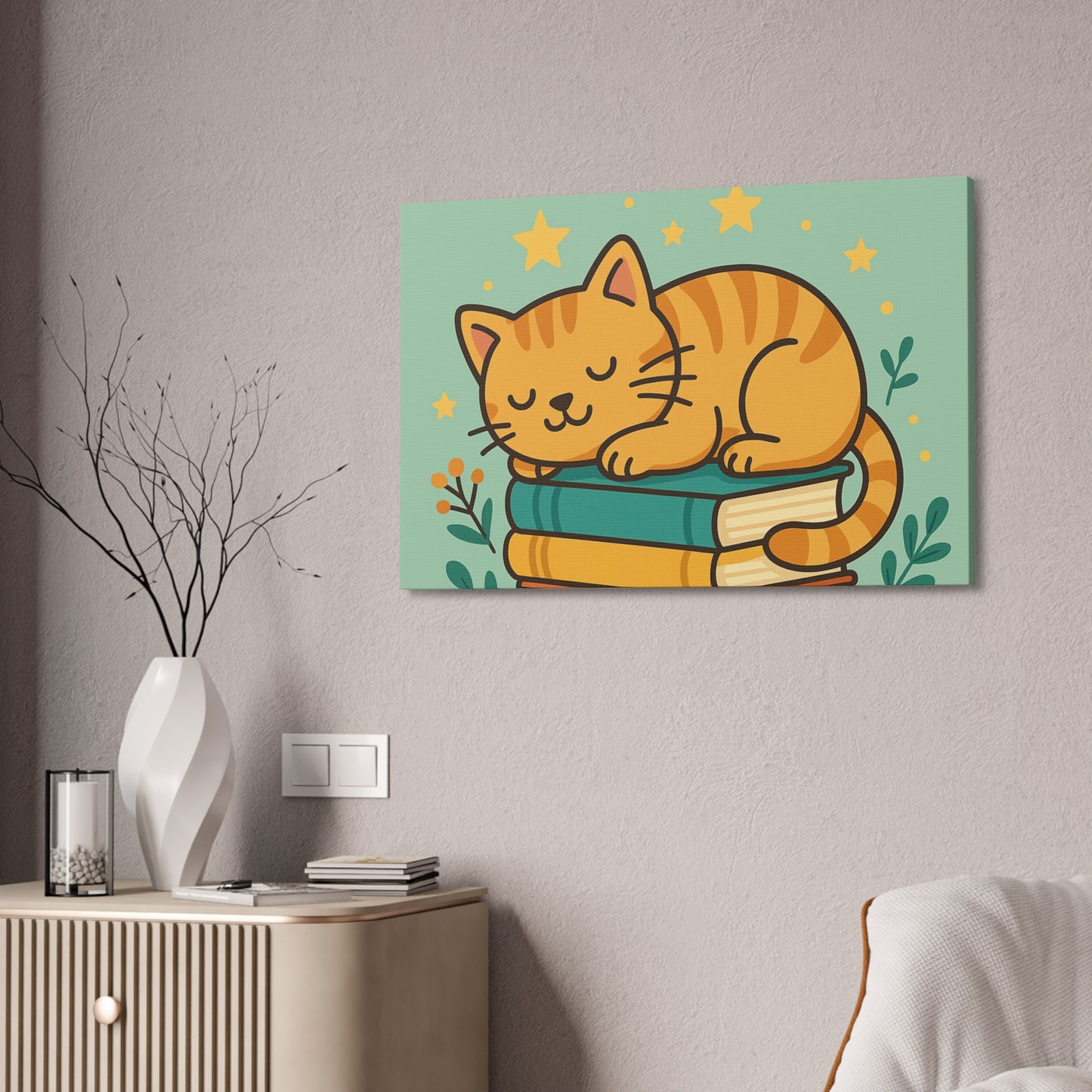 Sleepy Cat on Books Canvas Print - Cozy Cat Wall Art