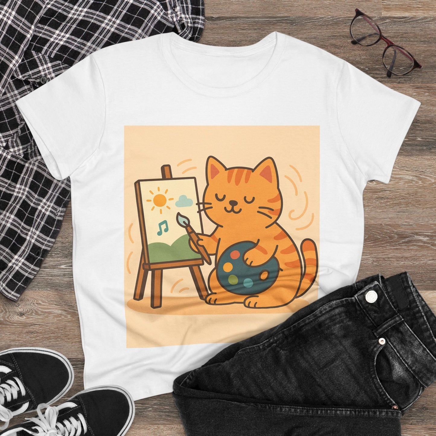 Cat Painting Women's Midweight Cotton Tee - Artistic Cat Lover Shirt