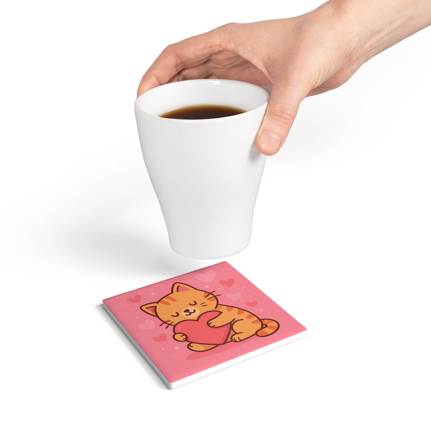 Cute Cat Love Ceramic Coaster - Heart Hugging Kitty Drink Mat