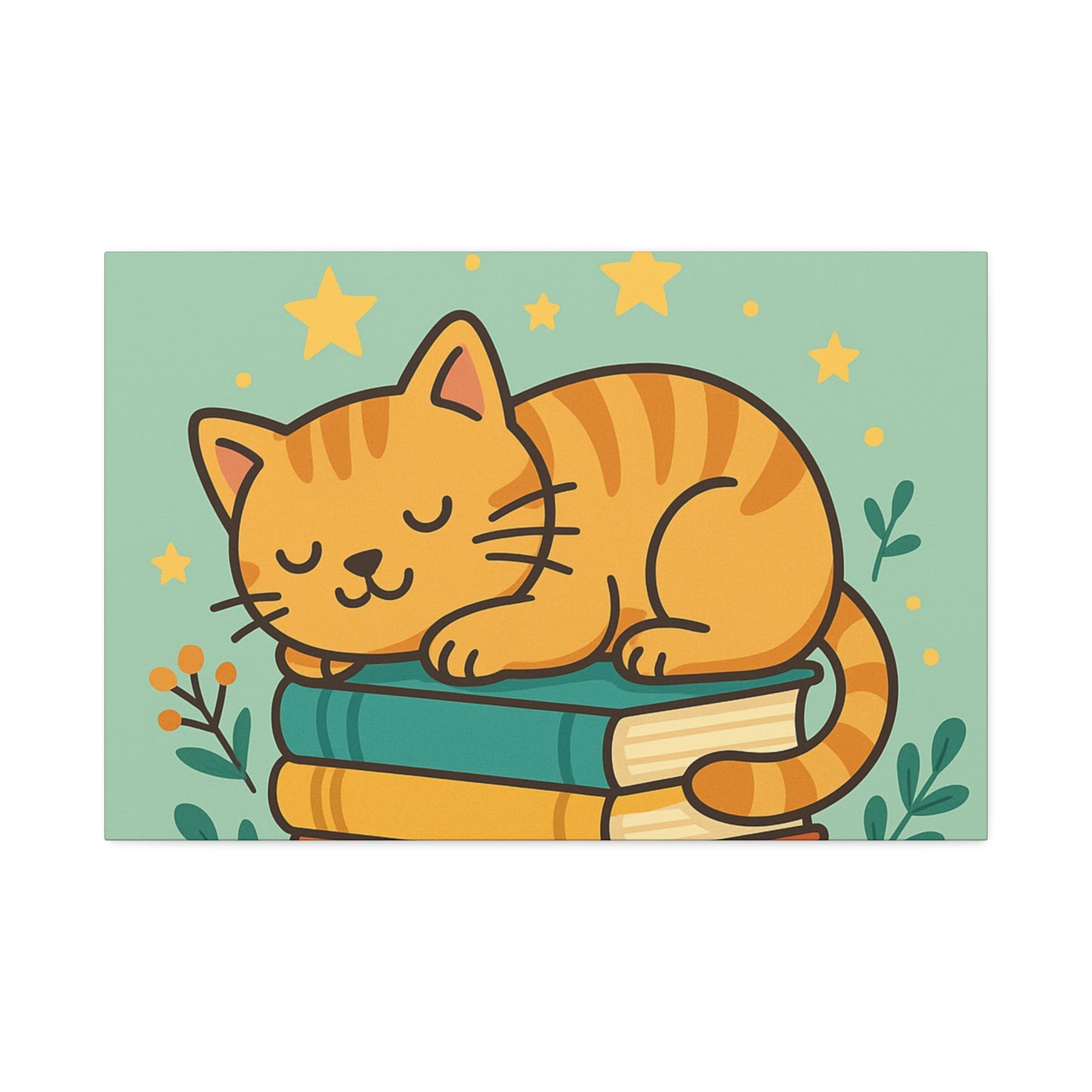 Sleepy Cat on Books Canvas Print - Cozy Cat Wall Art