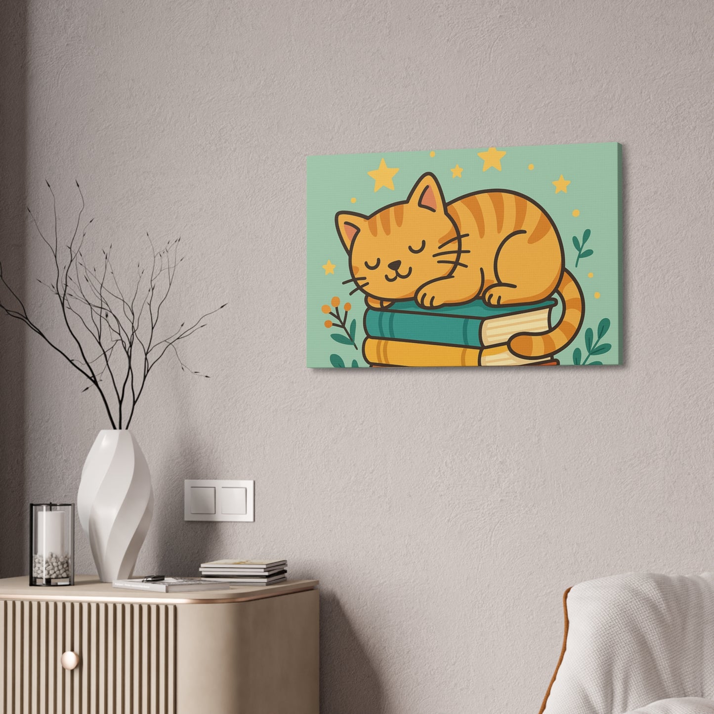 Sleepy Cat on Books Canvas Print - Cozy Cat Wall Art