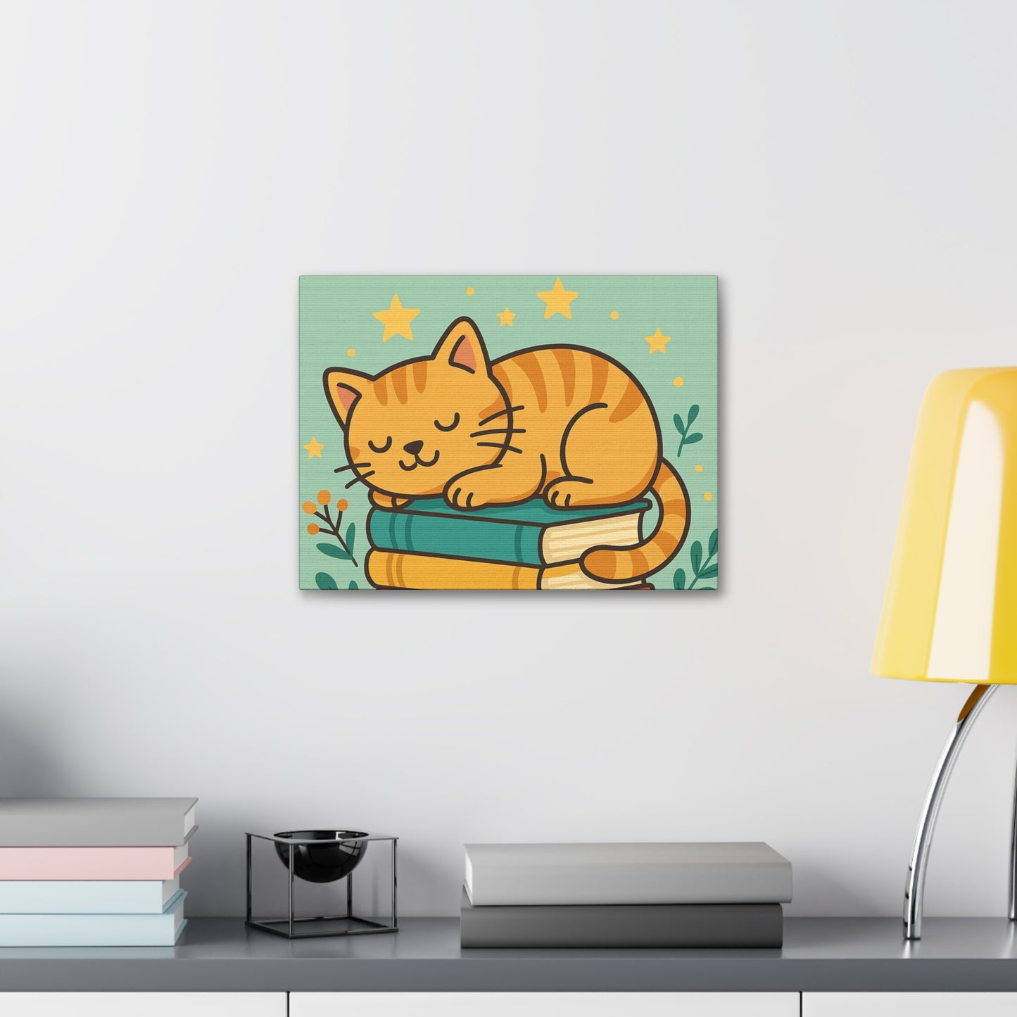 Sleepy Cat on Books Canvas Print - Cozy Cat Wall Art