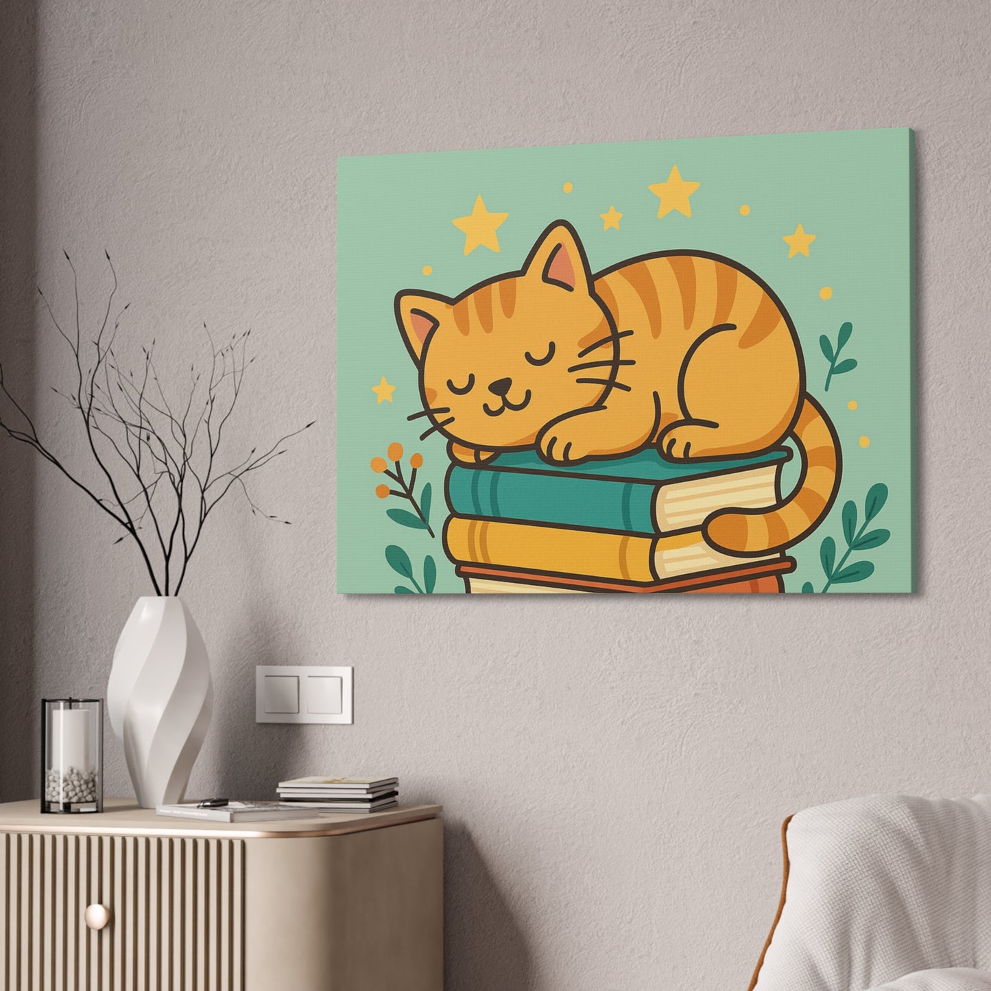 Sleepy Cat on Books Canvas Print - Cozy Cat Wall Art