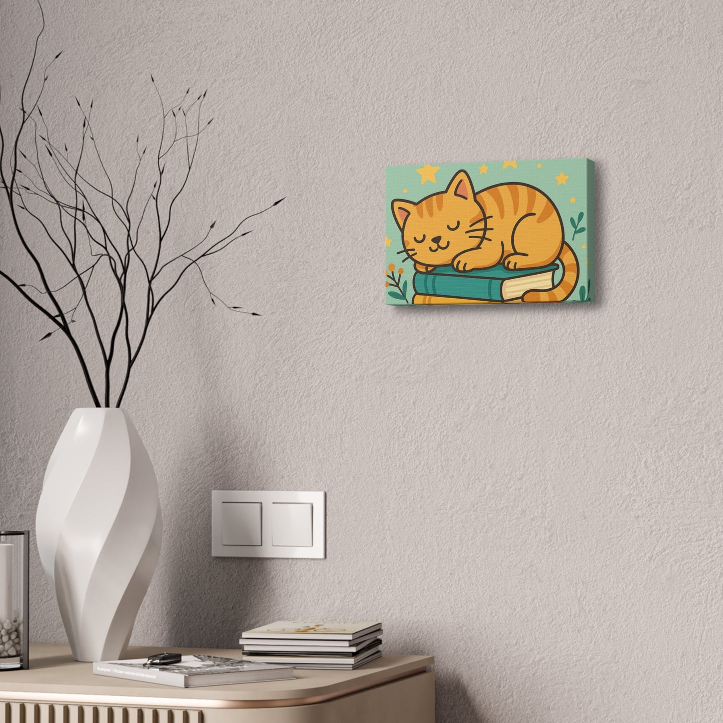 Sleepy Cat on Books Canvas Print - Cozy Cat Wall Art