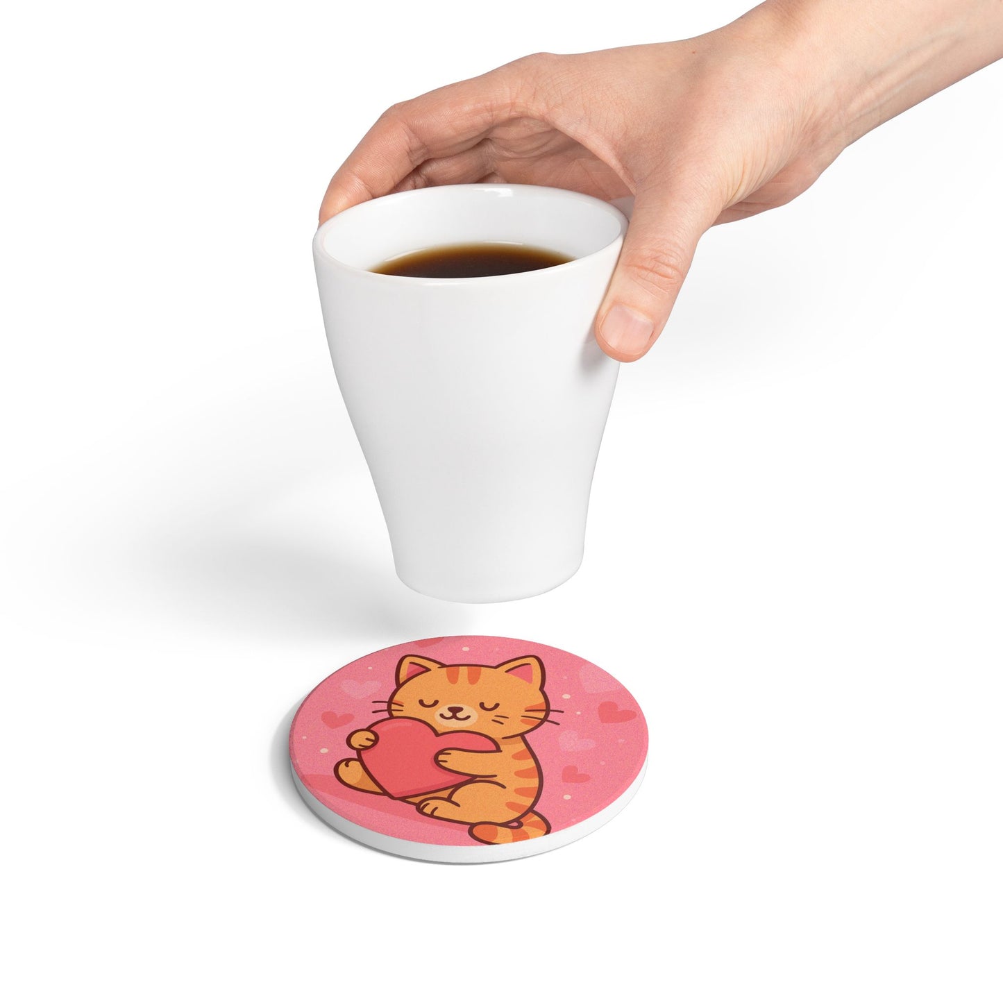 Cute Cat Love Ceramic Coaster - Heart Hugging Kitty Drink Mat