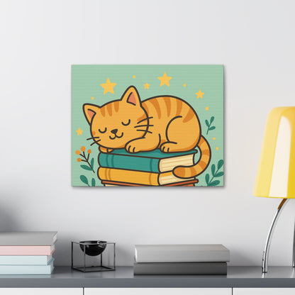 Sleepy Cat on Books Canvas Print - Cozy Cat Wall Art