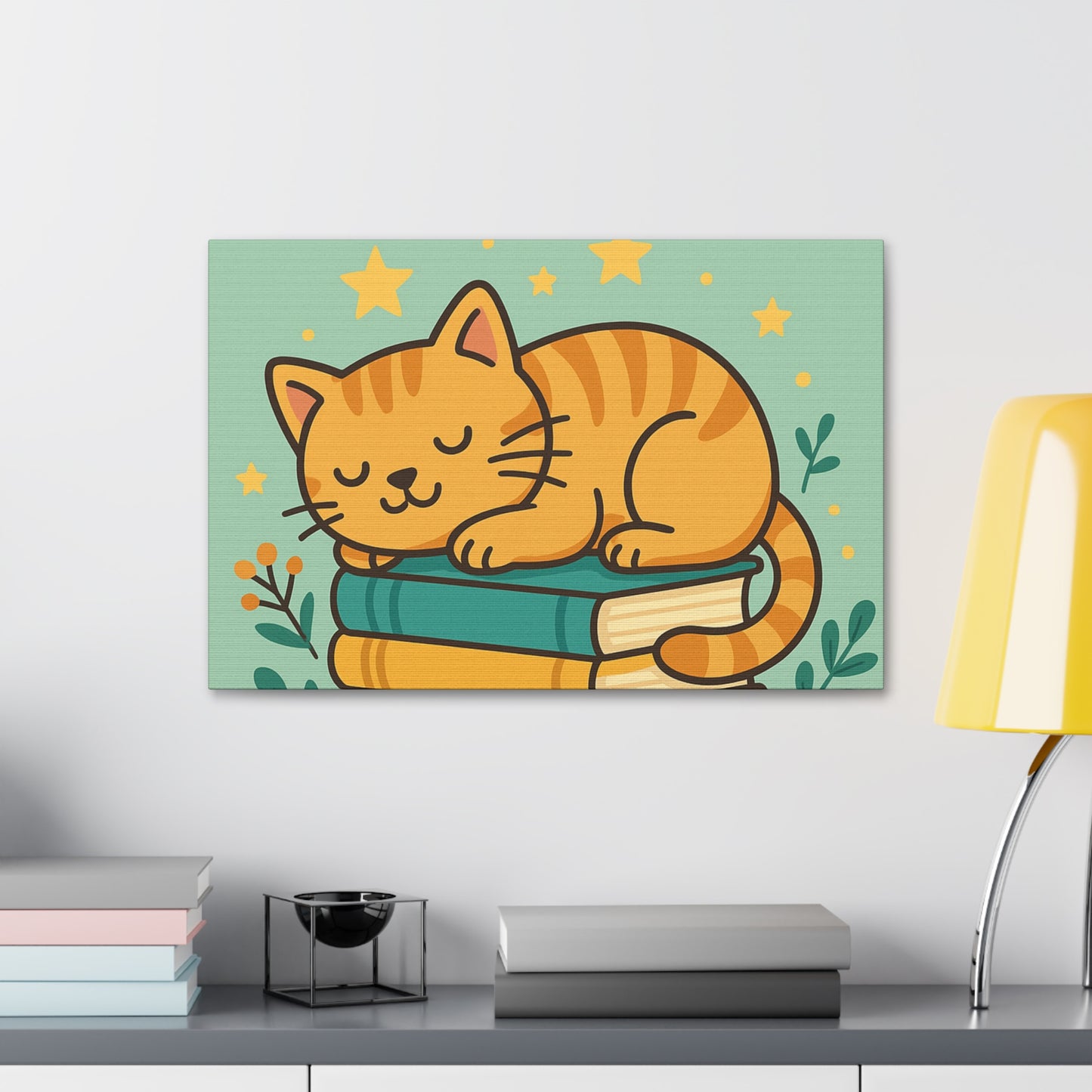 Sleepy Cat on Books Canvas Print - Cozy Cat Wall Art
