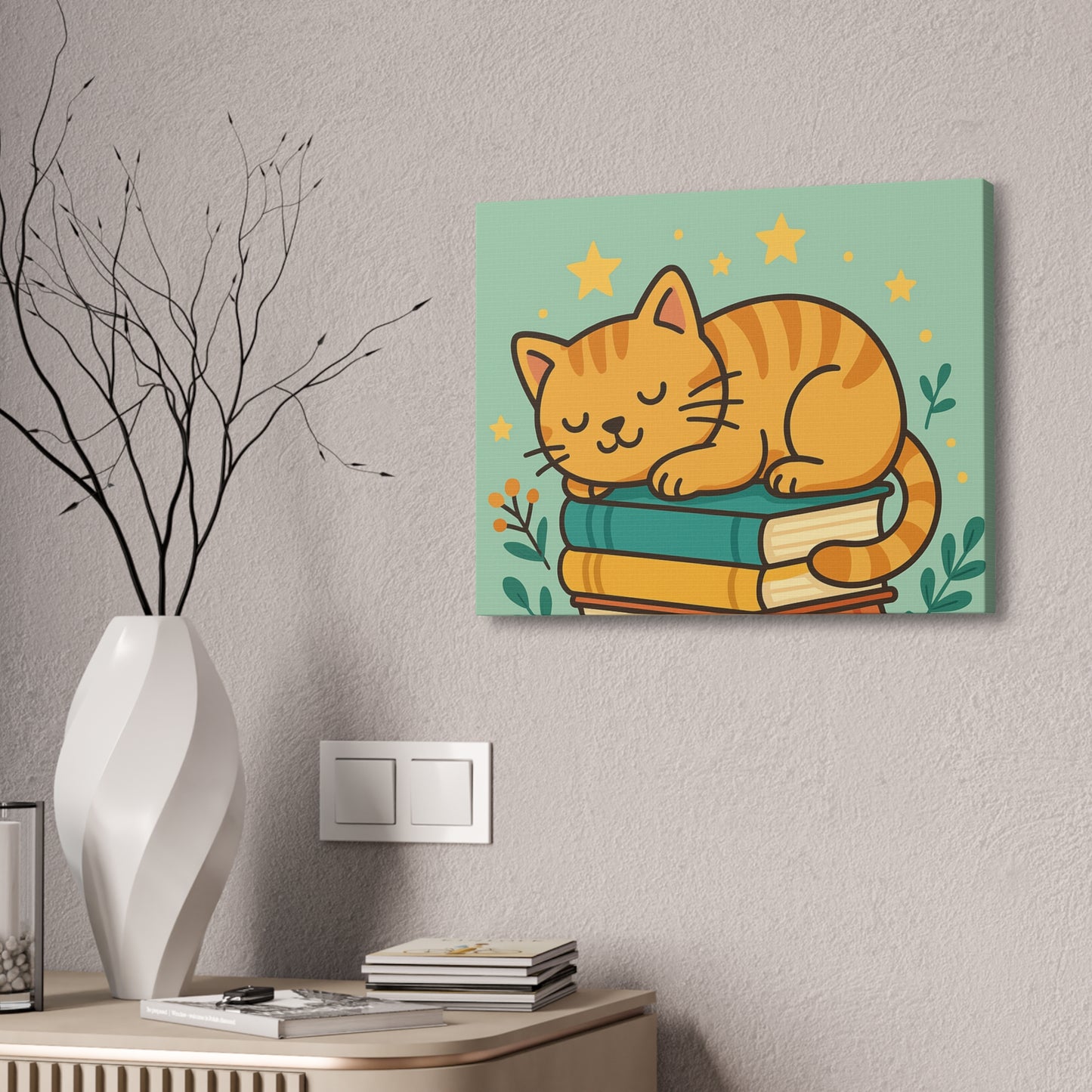 Sleepy Cat on Books Canvas Print - Cozy Cat Wall Art