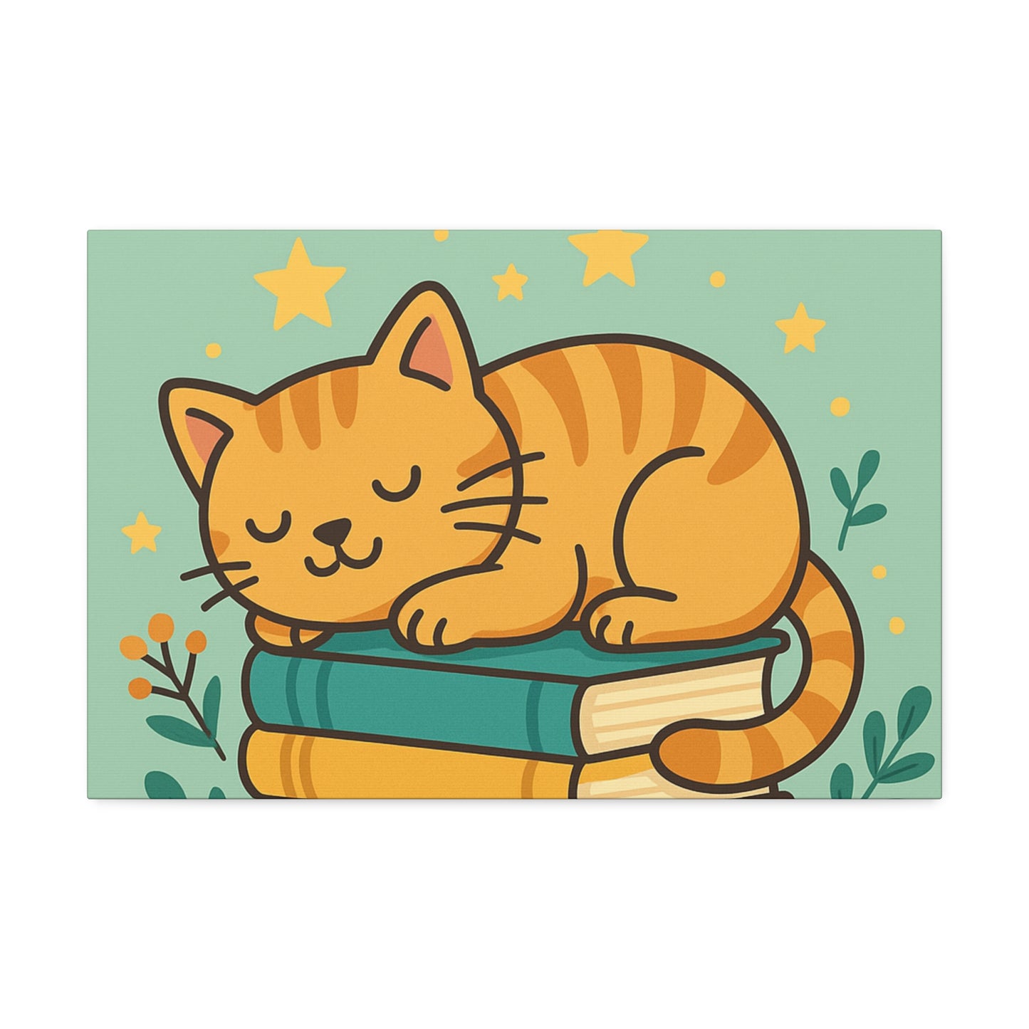Sleepy Cat on Books Canvas Print - Cozy Cat Wall Art