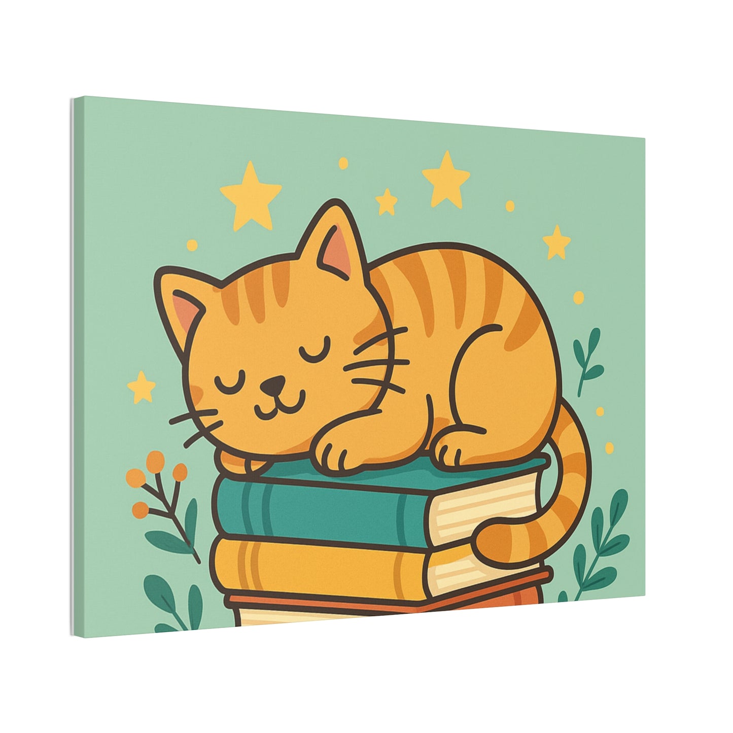 Sleepy Cat on Books Canvas Print - Cozy Cat Wall Art