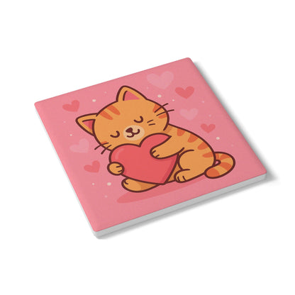 Cute Cat Love Ceramic Coaster - Heart Hugging Kitty Drink Mat