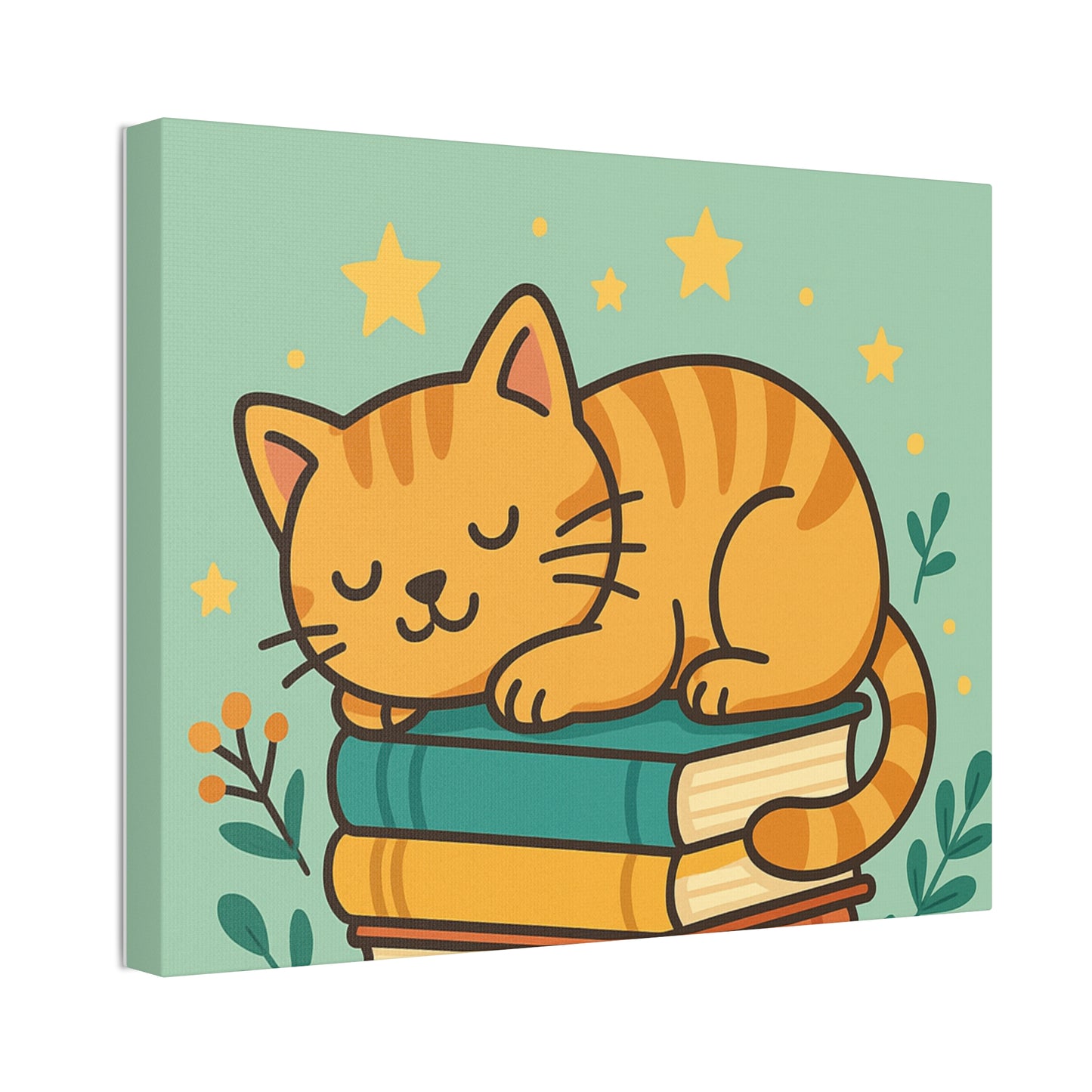 Sleepy Cat on Books Canvas Print - Cozy Cat Wall Art