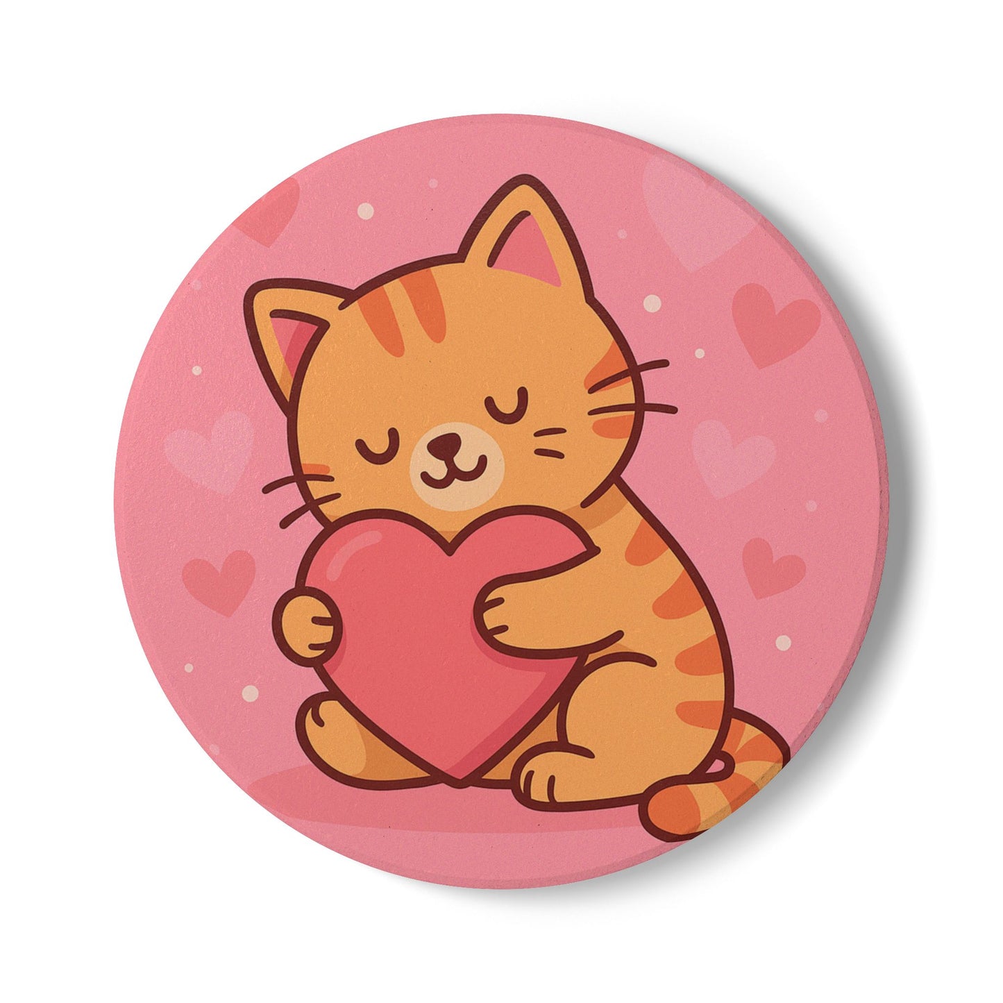 Cute Cat Love Ceramic Coaster - Heart Hugging Kitty Drink Mat