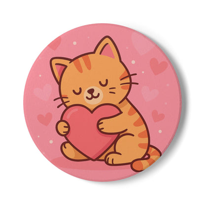 Cute Cat Love Ceramic Coaster - Heart Hugging Kitty Drink Mat