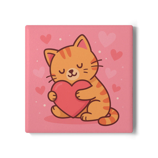 Cute Cat Love Ceramic Coaster - Heart Hugging Kitty Drink Mat