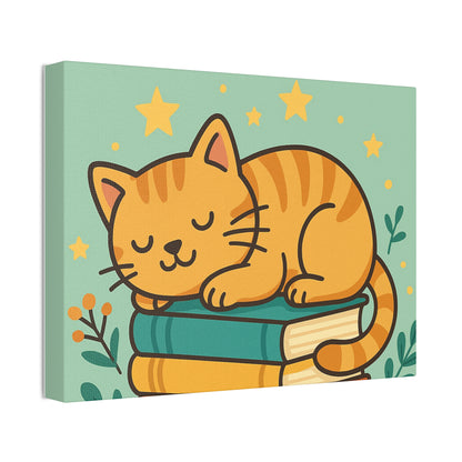 Sleepy Cat on Books Canvas Print - Cozy Cat Wall Art