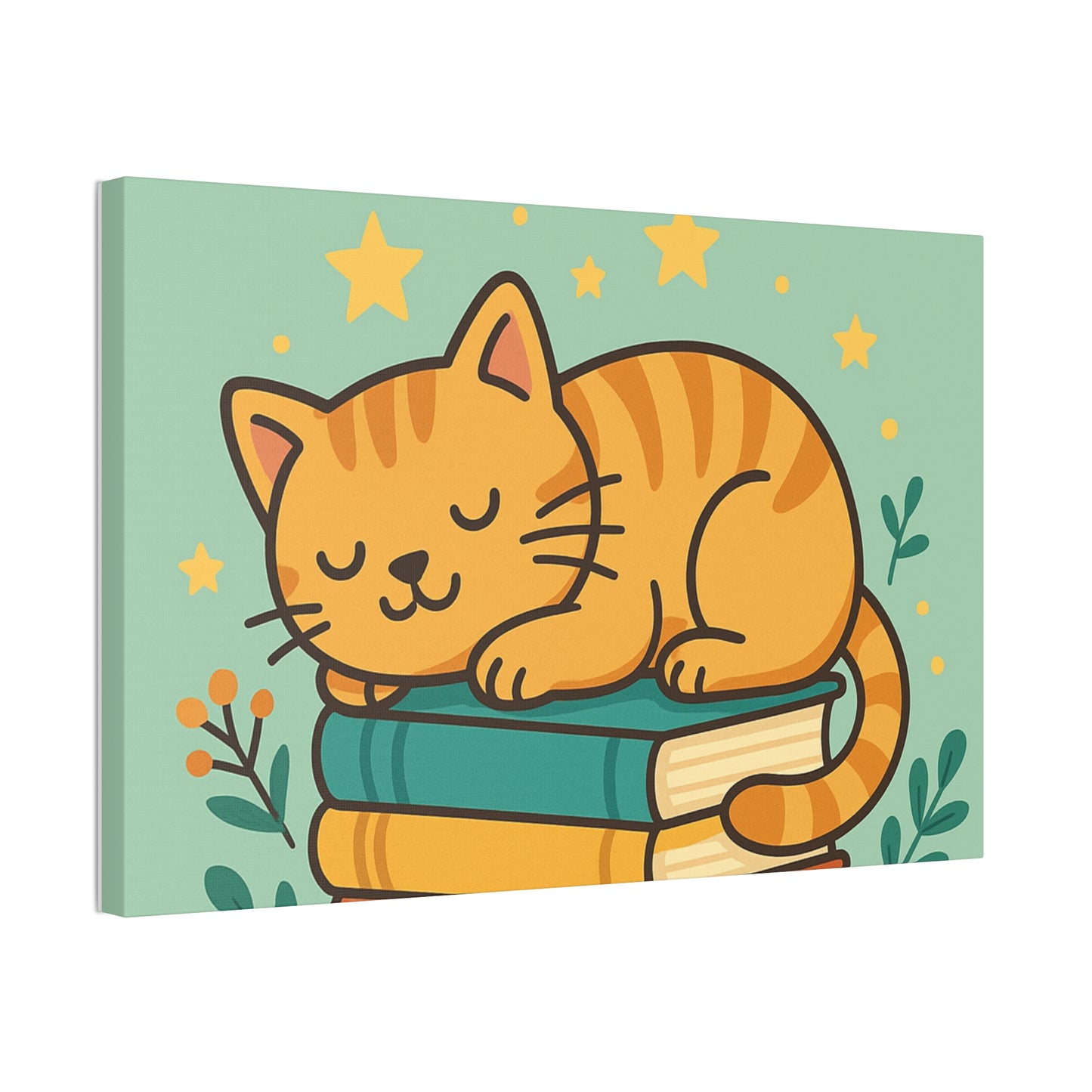 Sleepy Cat on Books Canvas Print - Cozy Cat Wall Art