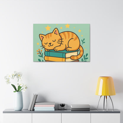 Sleepy Cat on Books Canvas Print - Cozy Cat Wall Art