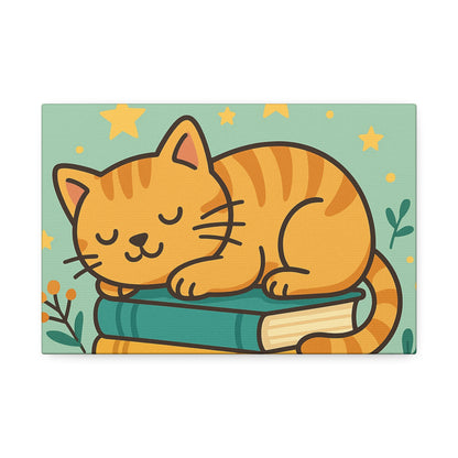 Sleepy Cat on Books Canvas Print - Cozy Cat Wall Art