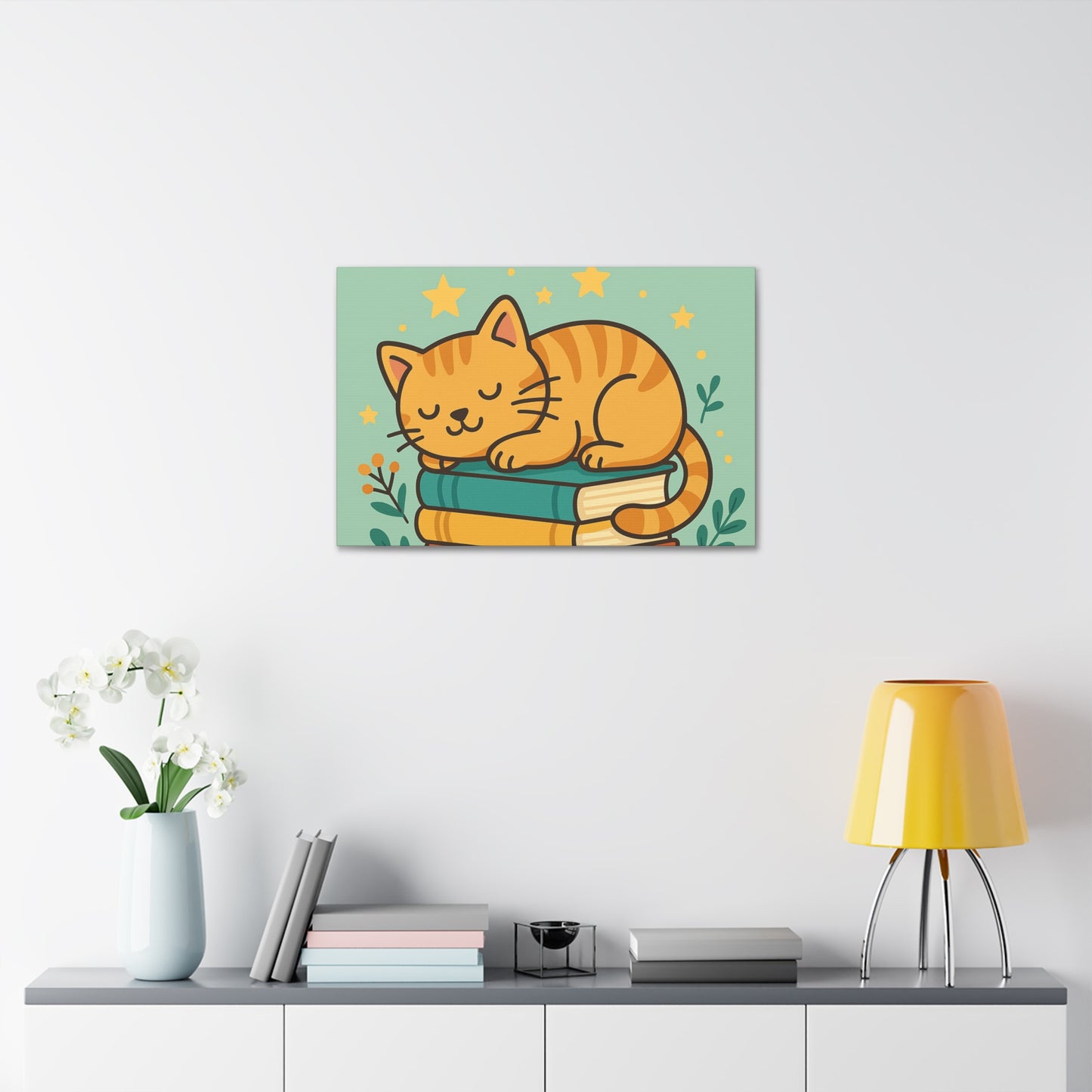 Sleepy Cat on Books Canvas Print - Cozy Cat Wall Art