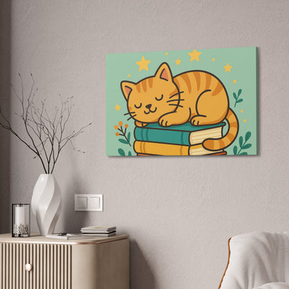 Sleepy Cat on Books Canvas Print - Cozy Cat Wall Art