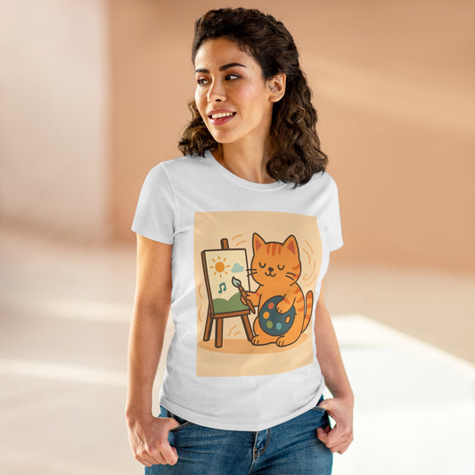Cat Painting Women's Midweight Cotton Tee - Artistic Cat Lover Shirt