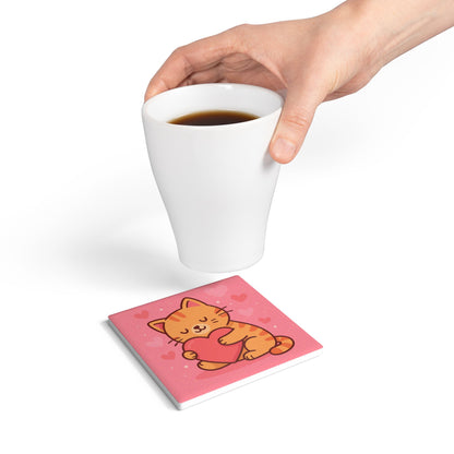 Cute Cat Love Ceramic Coaster - Heart Hugging Kitty Drink Mat