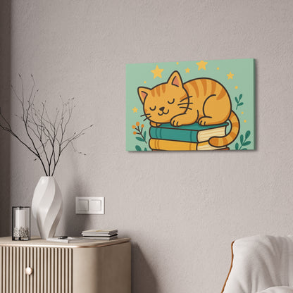 Sleepy Cat on Books Canvas Print - Cozy Cat Wall Art