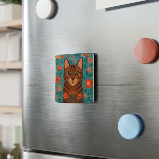 Whimsical Cat Porcelain Magnet, Floral Decor, Cute Kitchen Accessory, Cat Lover Gift, Refrigerator Magnet, Animal Decor