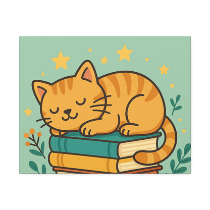 Sleepy Cat on Books Canvas Print - Cozy Cat Wall Art