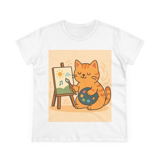 Cat Painting Women's Midweight Cotton Tee - Artistic Cat Lover Shirt