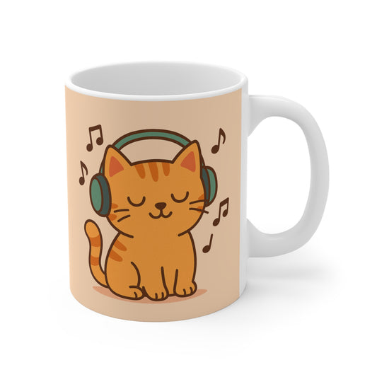 Cat Headphones Music Mug 11oz - Cat Lover Gift Coffee Cup
