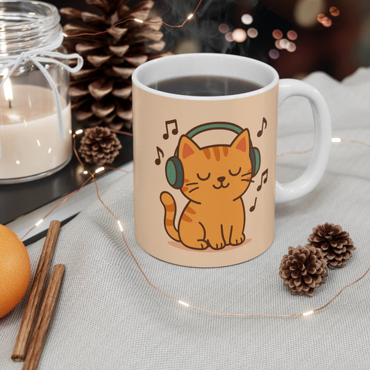 Cat Headphones Music Mug 11oz - Cat Lover Gift Coffee Cup